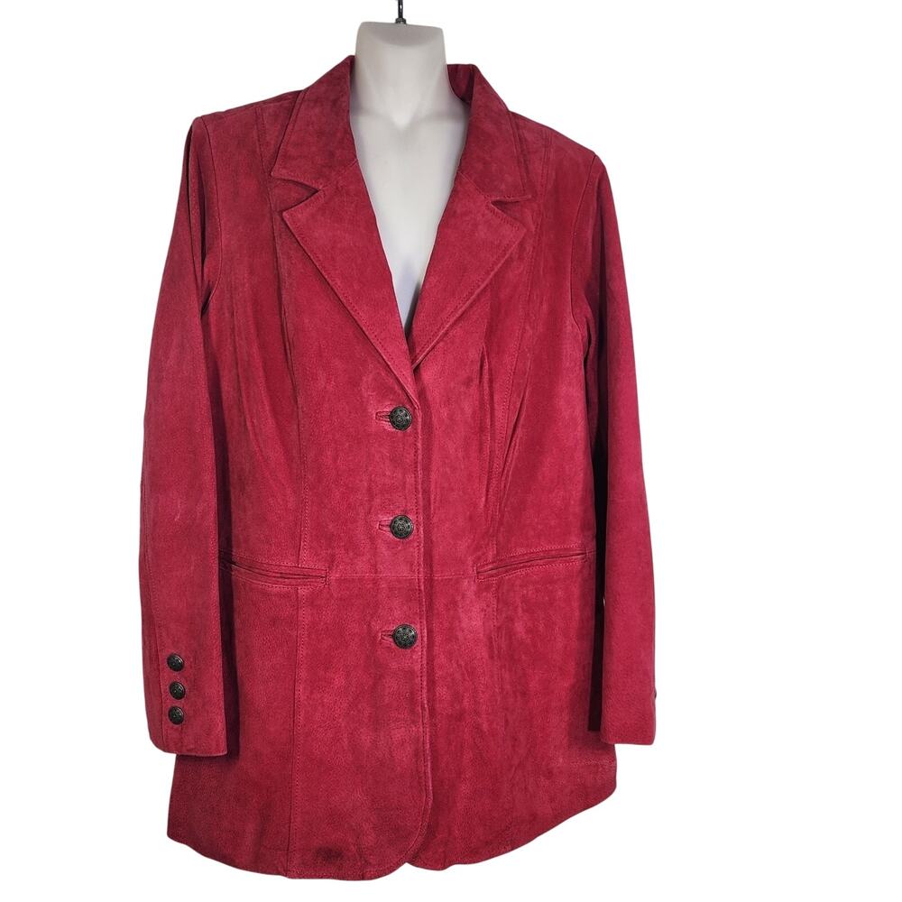 Denim & Co. Women Washable Suede Leather Jacket Medium Buttons Raspberry VTG Y2K